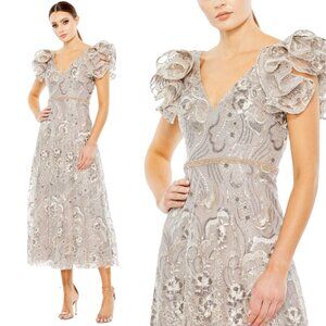 $598‎ Mac Duggal 68262 Size 14 Embellished Ruffled V-Neck A-Line Midi Gown Dress